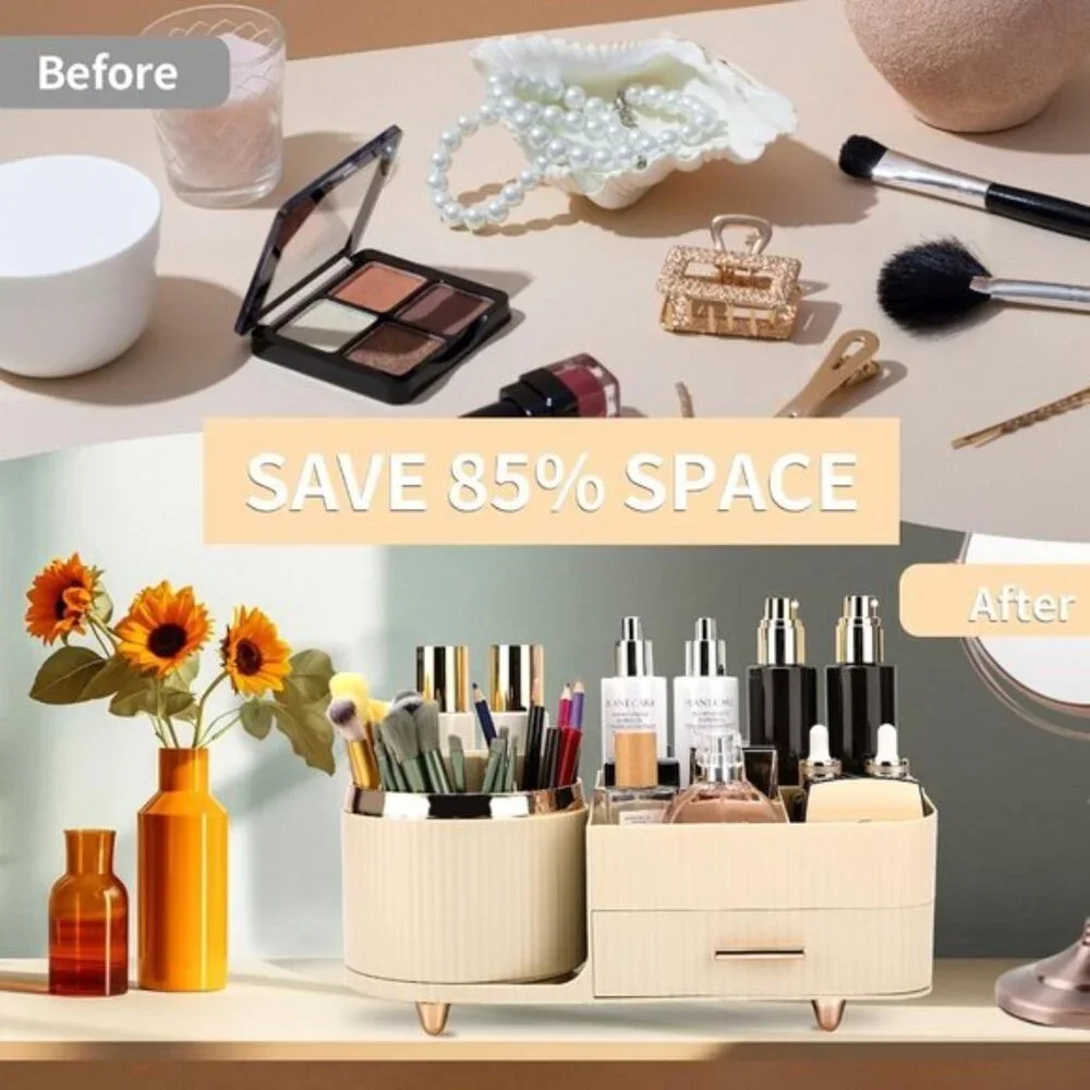 New 360° Rotating Makeup Organizer, Large Rice White Vanity Storage with Drawers